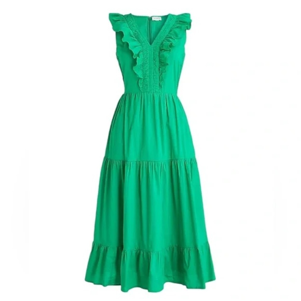 J. Crew V-Neck Smocked Emerald Green Cotton Midi Dress